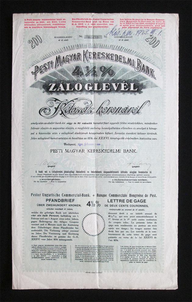Pesti Magyar Kereskedelmi Bank zloglevl 200 korona 1921 -ny-